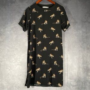 Leopard All Over Print Black Shift Midi Dress Sz 38 Short Sleeve Casual Sheer